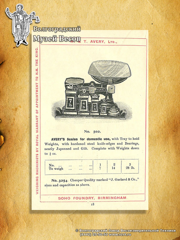 Pan scales for household use with weights kit. Publication in the catalog of W & T Avery.