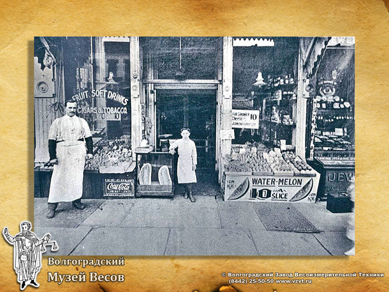 Fruit store. Old photograph depicting scales.
