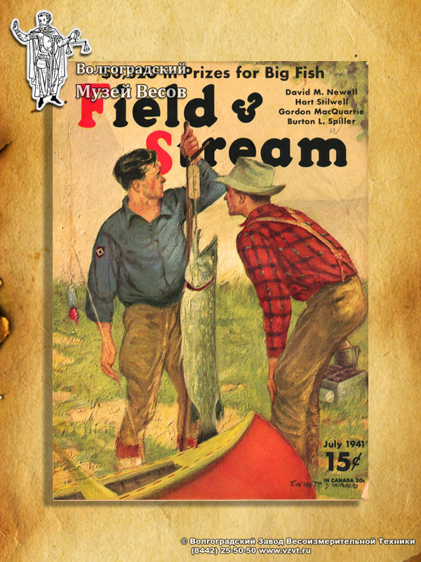 Weighing of fish using a spring balance. Cover of Field & Stream Magazine.