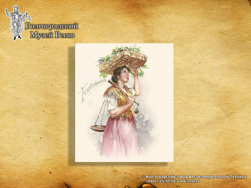 Fruit delivery woman with scalebeam. A post card.