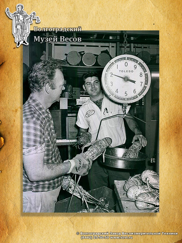 Weighing lobsters with the Toledo scales. Retro-photo.