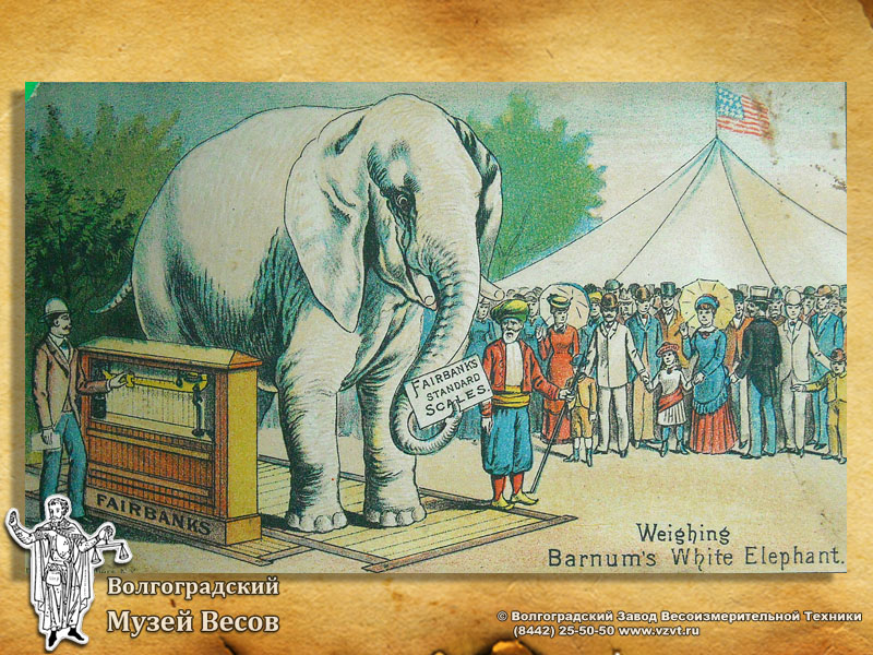 Weighing of an elephant. Fairbanks Scales promo card.