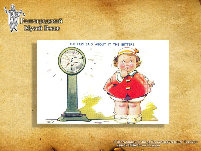 Weighing on a platform scale. A funny postcard.