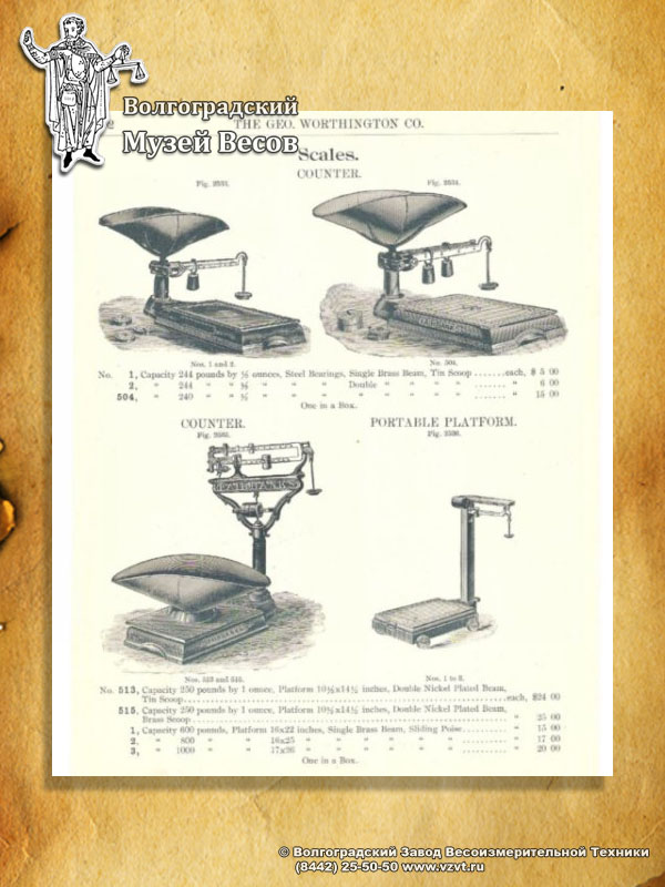 Trade counter scales. Publication in Geo Worthington Co. catalog.