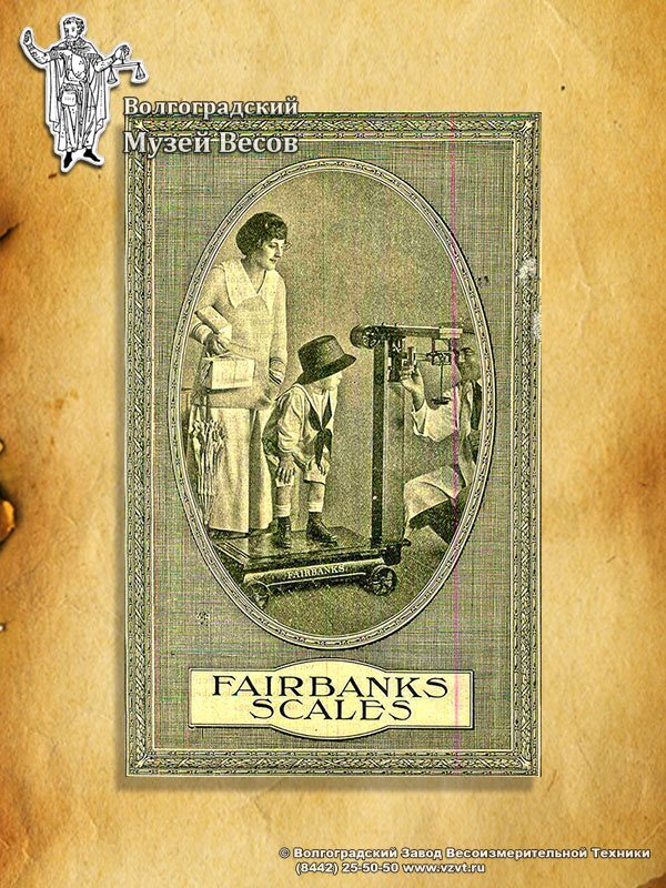 Weighing of a boy on a platform scale. Promo card of Fairbanks Scales